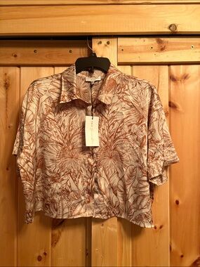 Vici Cream and Rust Botanical Cropped Button-Down Shirt
